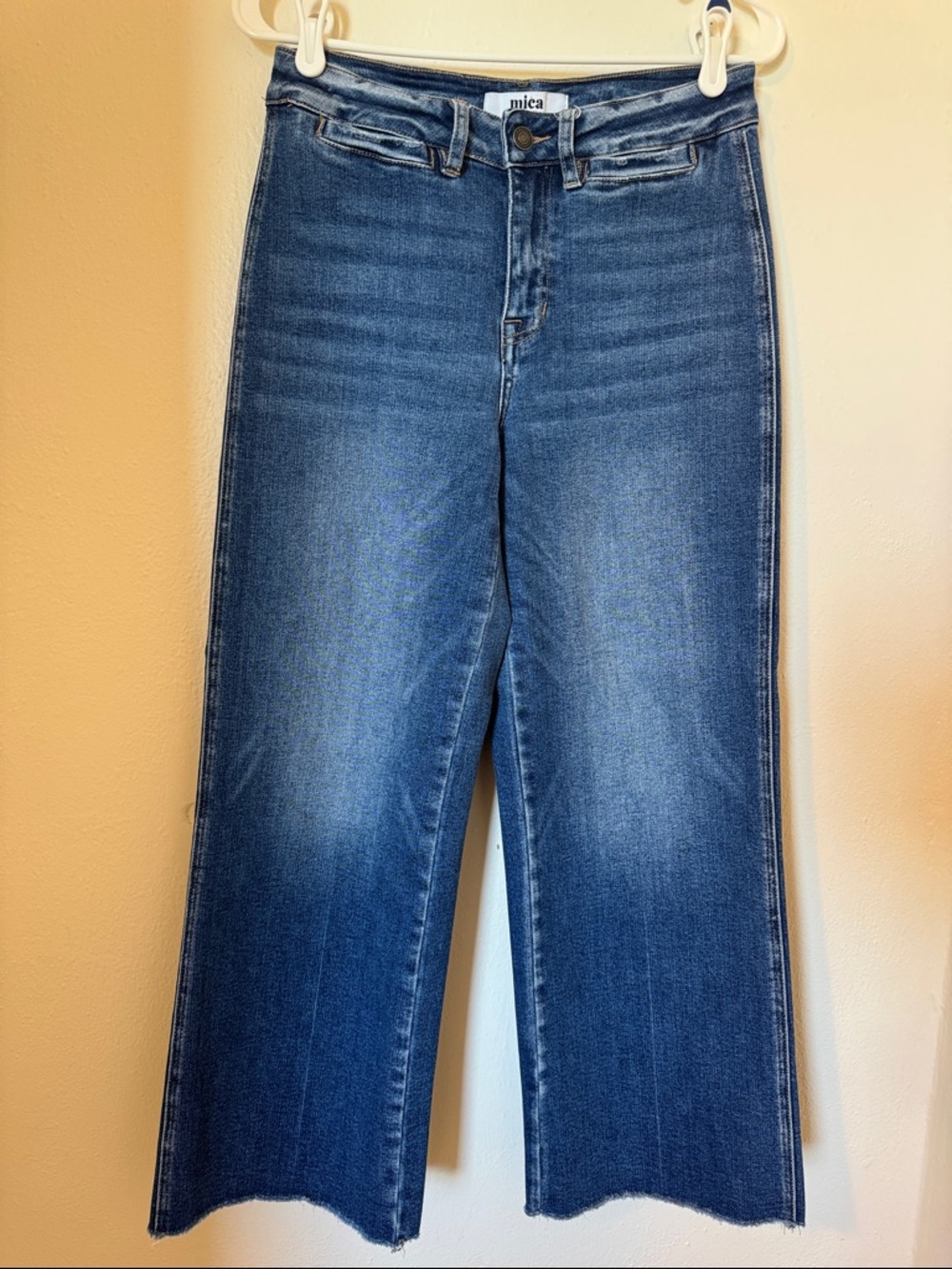 Mica High-Rise Wide Leg Cropped with Frayed Hem Jeans in Medium Blue